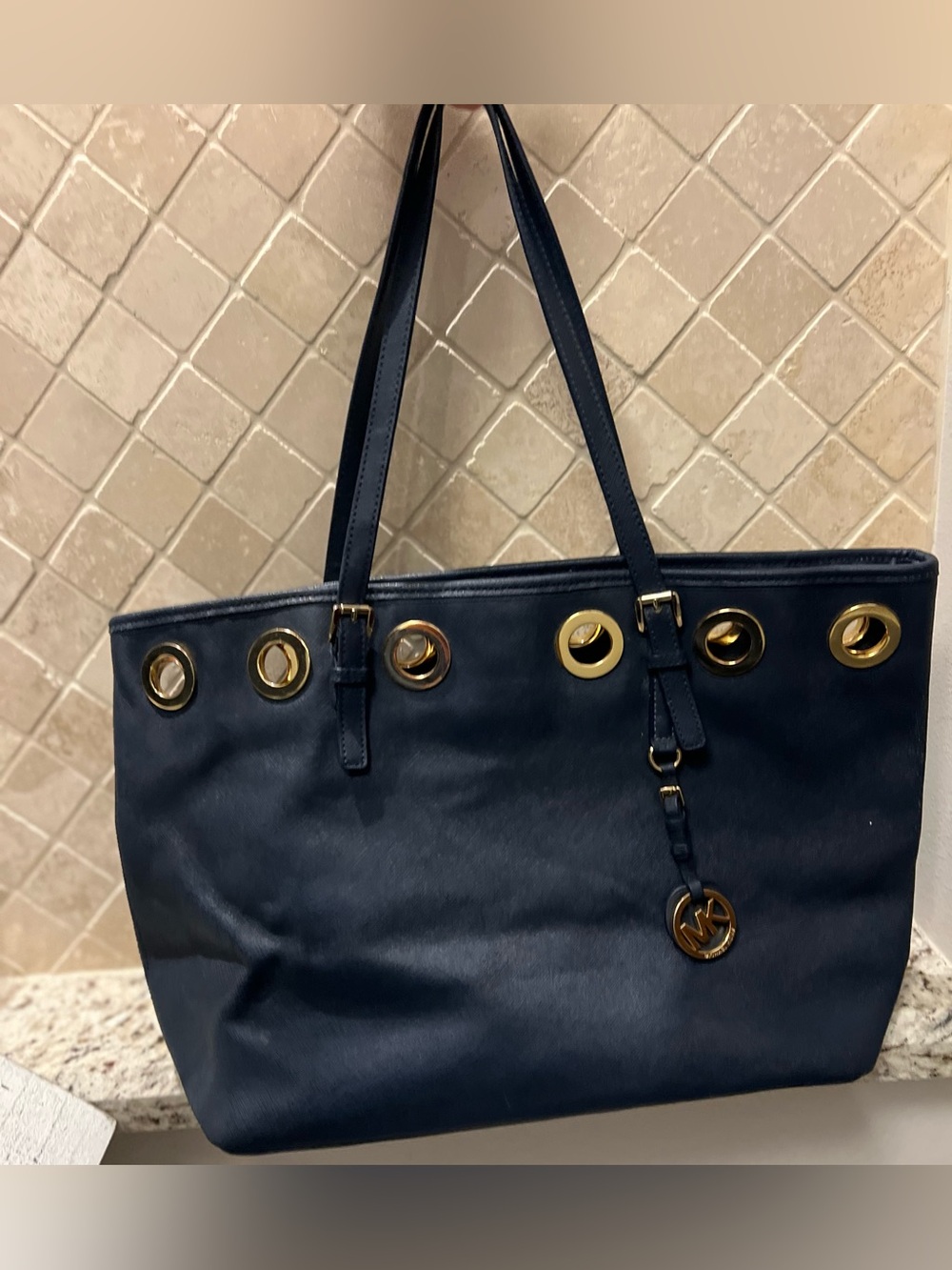Michael Kors Navy Leather Tote with Gold Grommet Accents Beachy‎ Captain
